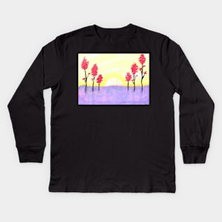 Red Trees Watercolour Sunrise Kids Long Sleeve T-Shirt